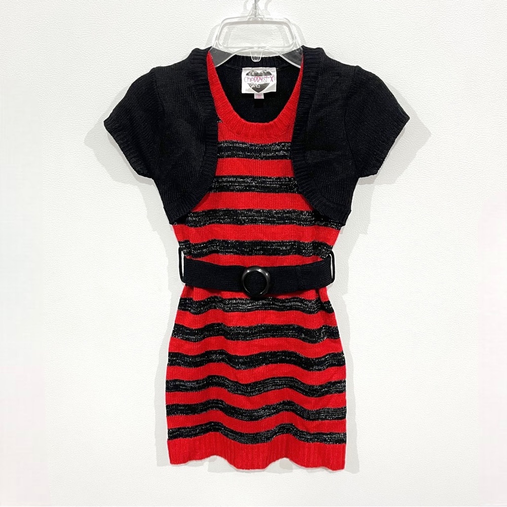 CherryStix Jacketed Short Sleeve Belted Shimmery Metallic Striped Sweater Dress